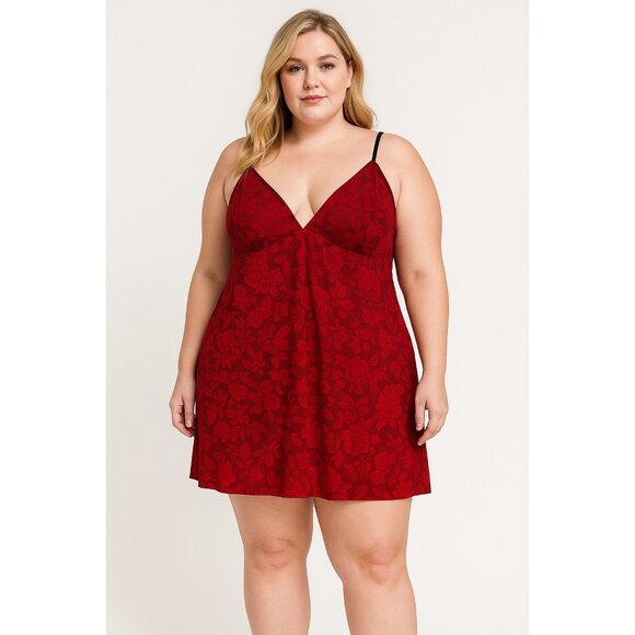 Vintage Petra Fashions Red Floral Lace Velvet Slip Dress – Size 1X – Red Sheer - Picture 1 of 7